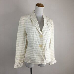 AKRIS PUNTO Cream Heather Gray Striped 100% Linen Cuffed Sleeve Blazer Jacket